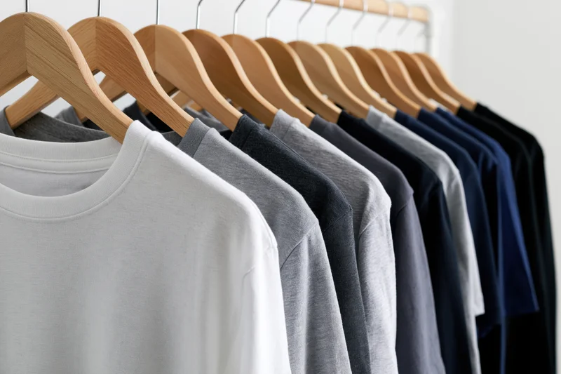 Plain cotton t-shirts in neutral colors hanging on wooden hangers in a row