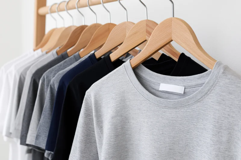 Plain cotton t-shirts hanging on wooden hangers in a row