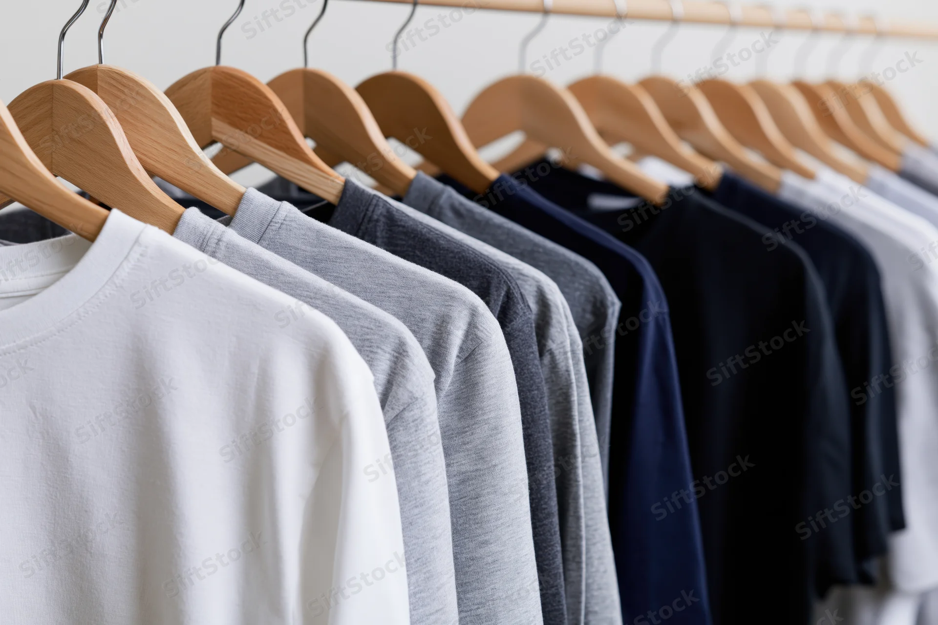 Plain cotton t-shirts hanging in a row on wooden hangers in a retail display