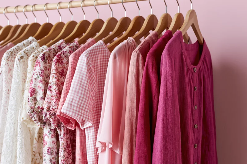 Row of women's tops and blouses in pink and floral patterns hanging on wooden hangers against a pink wall