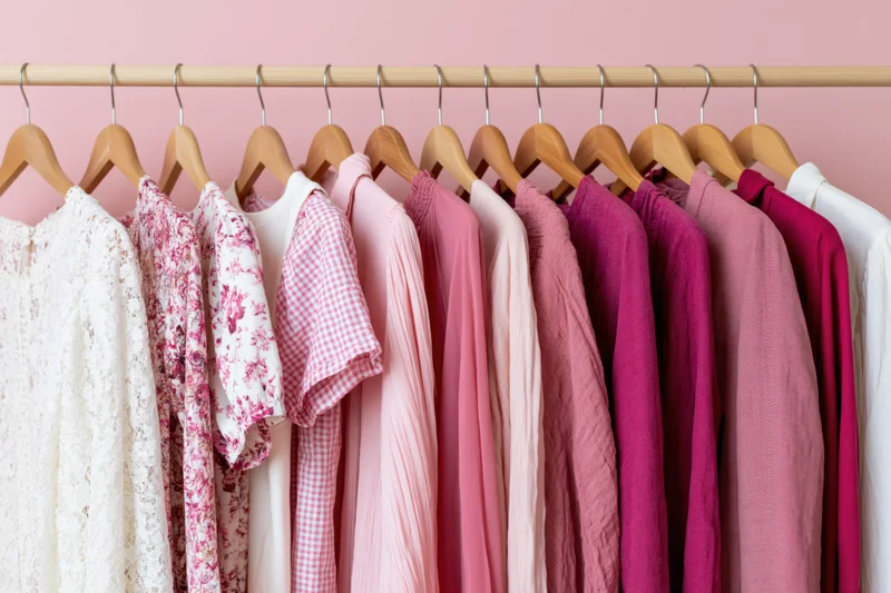 Women's tops and blouses hanging on wooden hangers in a row against a pink wall