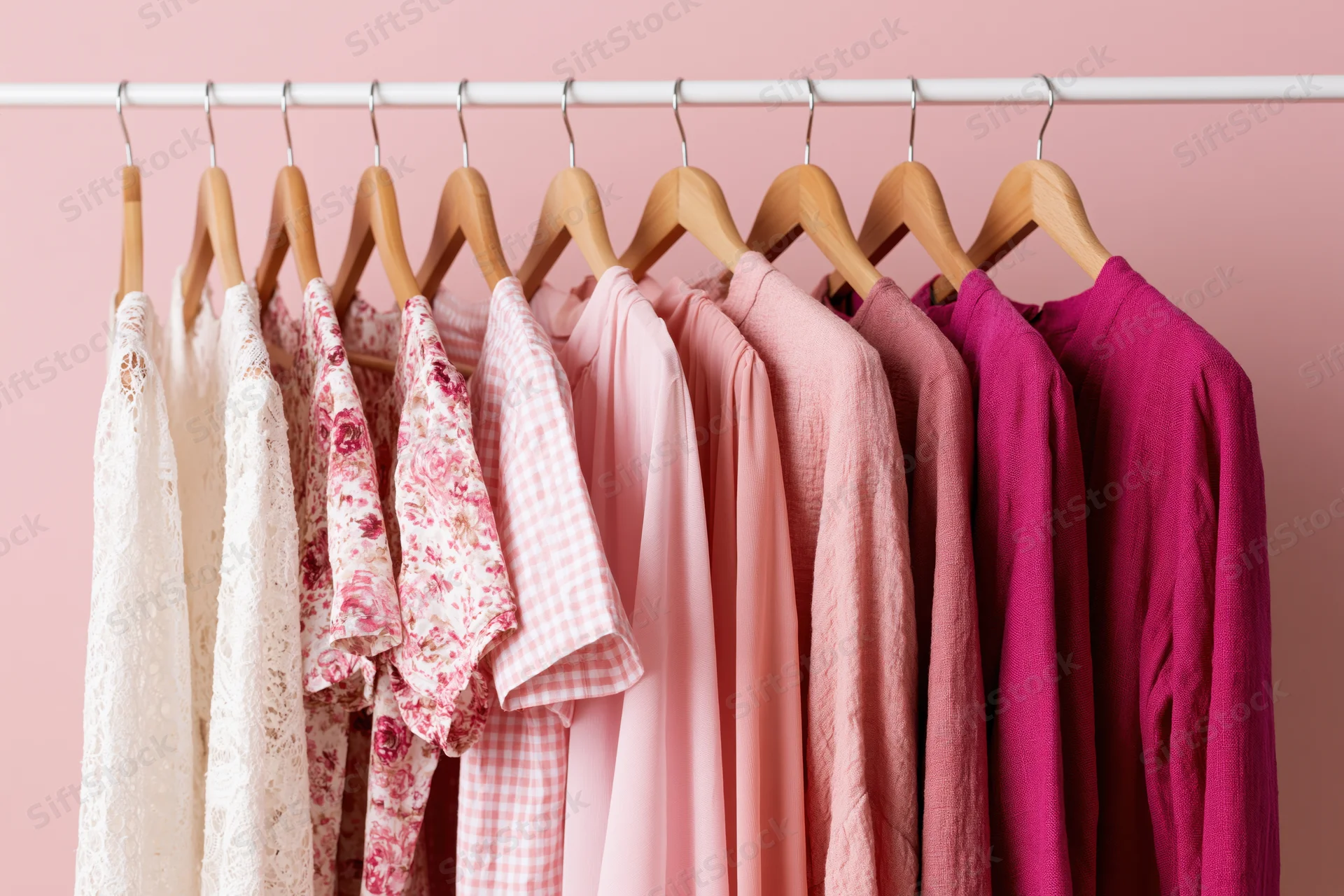 Row of women's tops and blouses in pastel shades hanging on wooden hangers against pink wall