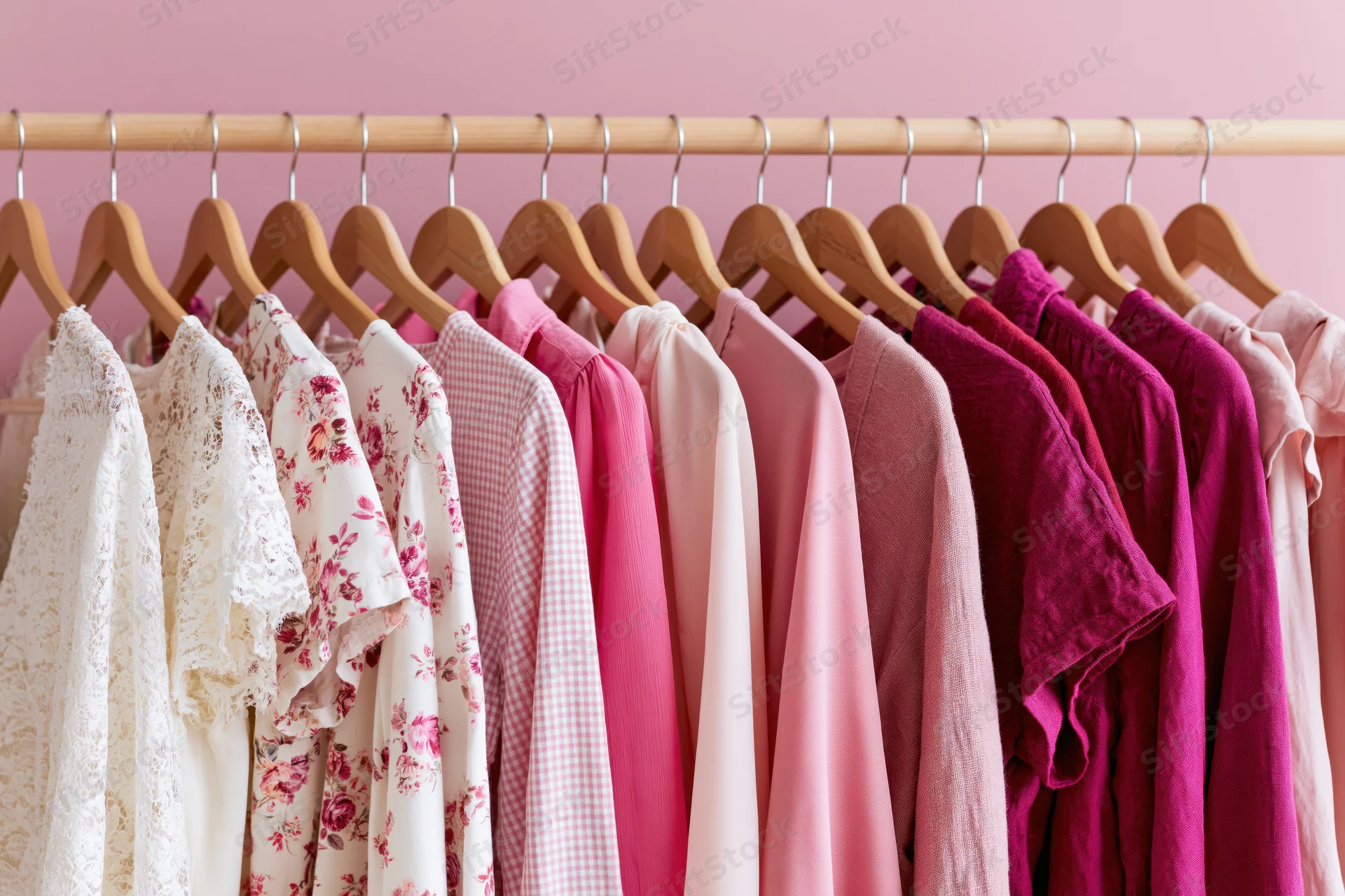 Row of women's tops and blouses in pink and white tones hanging on wooden hangers against a pink wall