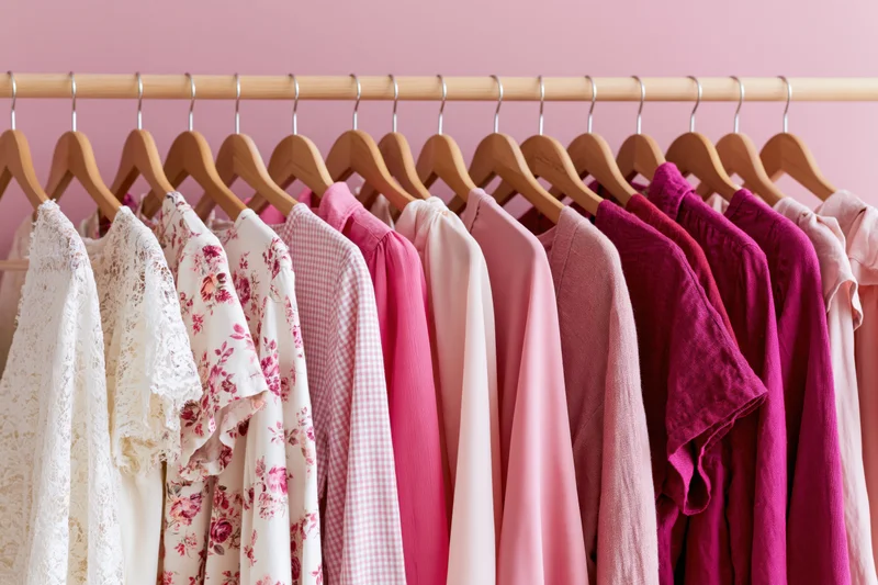 Row of women's tops and blouses in pink and white tones hanging on wooden hangers against a pink wall