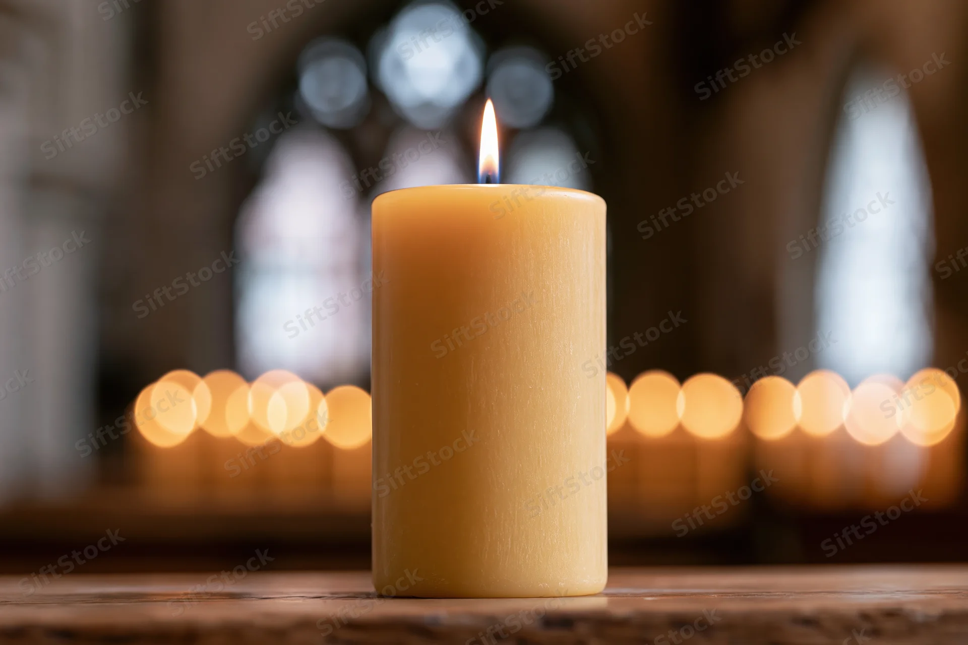 Lit beeswax pillar candle burning on wooden surface in church interior with blurred background of candles and stained glass