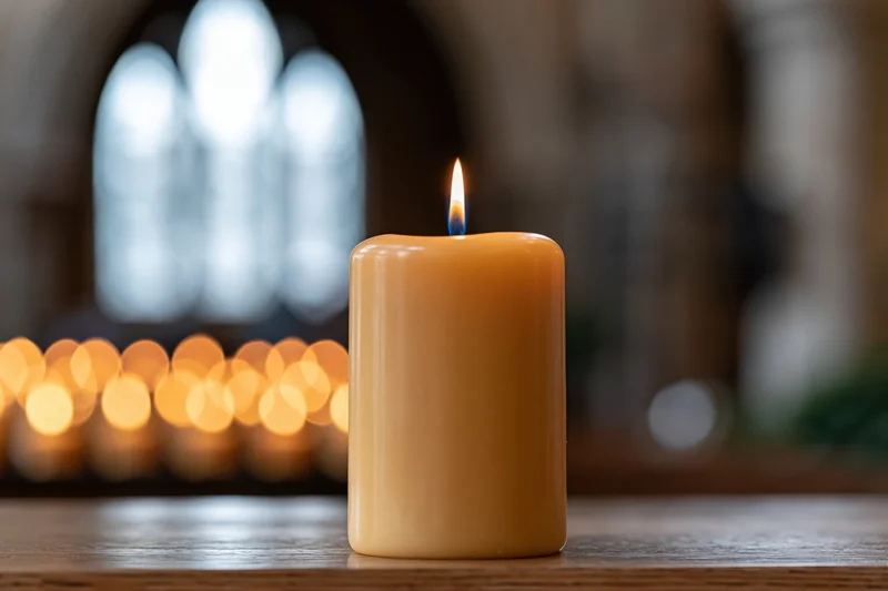 Lit beeswax pillar candle on wooden surface in church interior with blurred arched window and bokeh lights in background