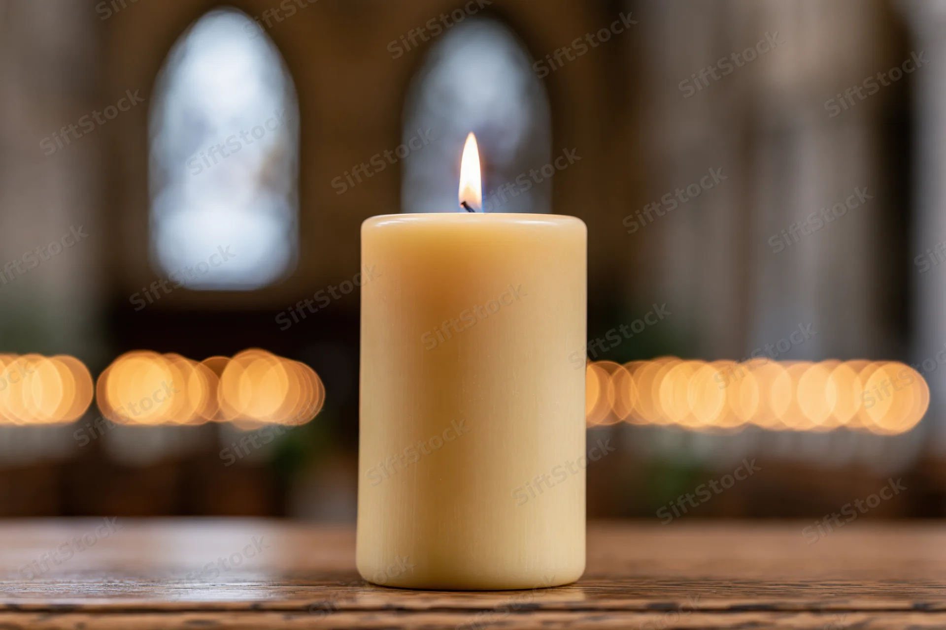 Lit beeswax pillar candle burning on wooden surface in church interior with arched windows and warm bokeh lights