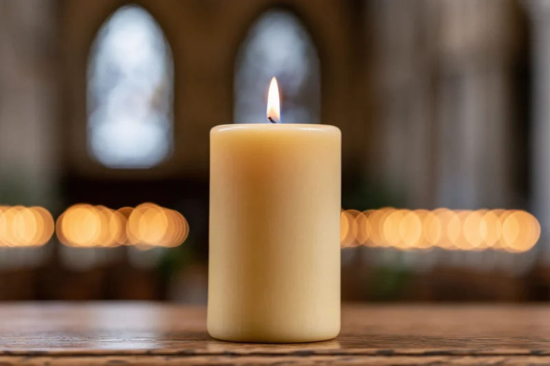 Lit beeswax pillar candle burning on wooden surface in church interior with arched windows and warm bokeh lights