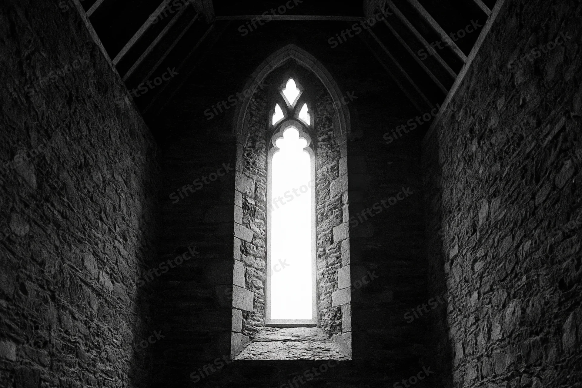 Tall gothic arched window glowing with bright light in stone church interior