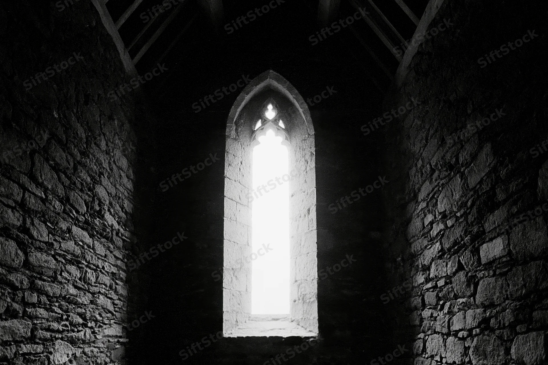 Tall gothic arch window glowing with light in stone church interior