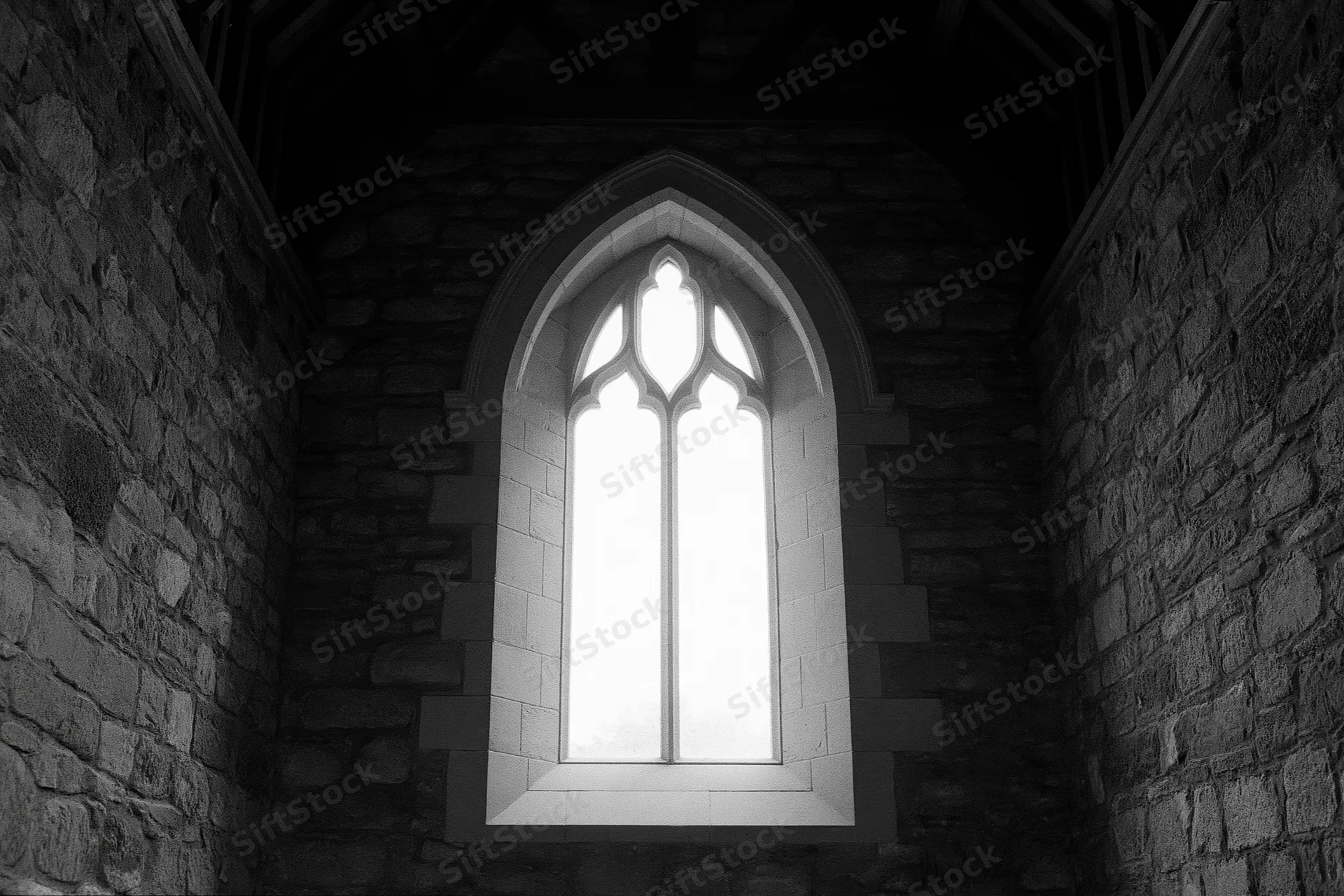 Gothic arched window glowing with light in stone church interior