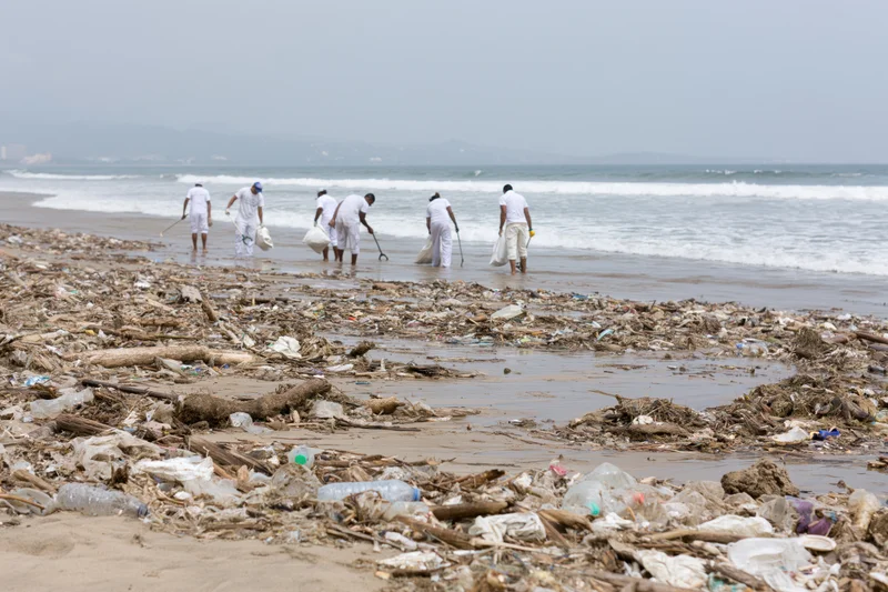 Volunteers collecting trash along a polluted beach shoreline