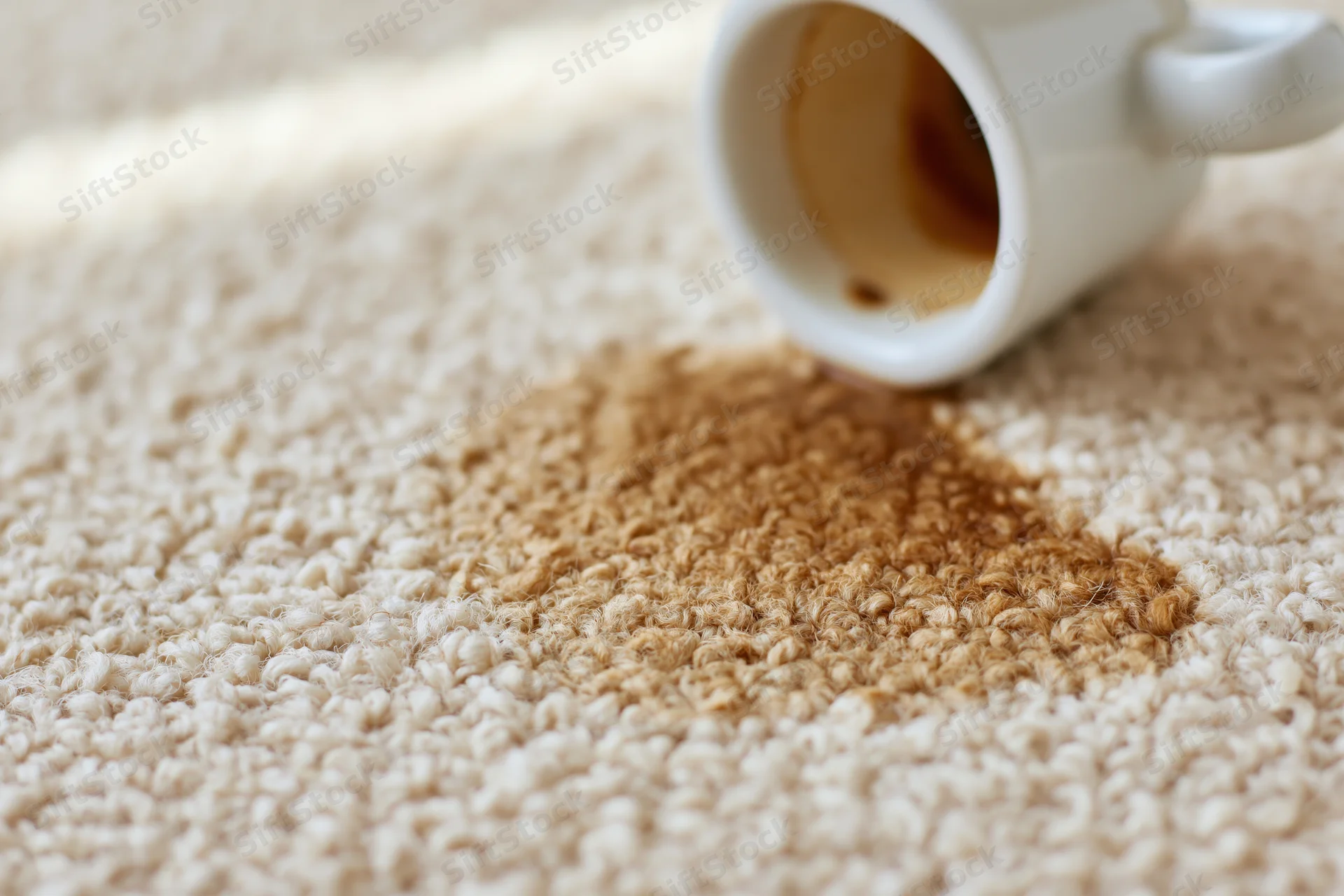 White ceramic coffee cup spilled on beige carpet leaving a dark stain