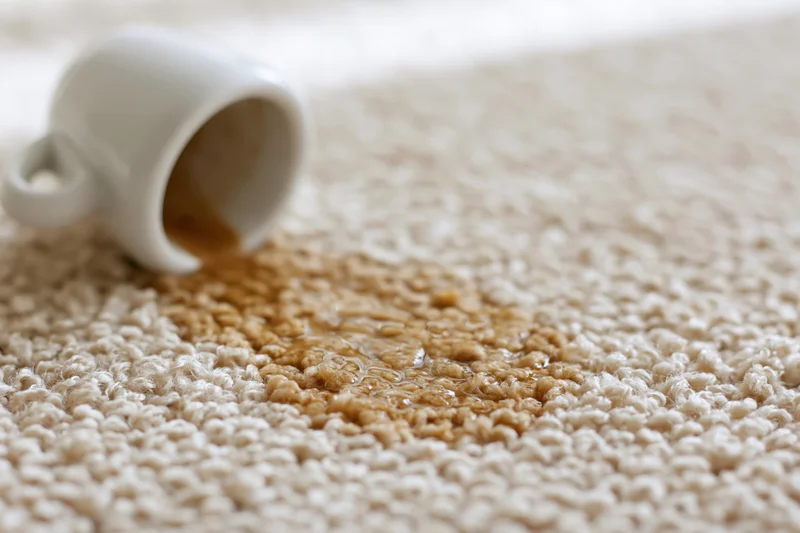 White ceramic espresso cup spilled on beige carpet, liquid soaking into fibers