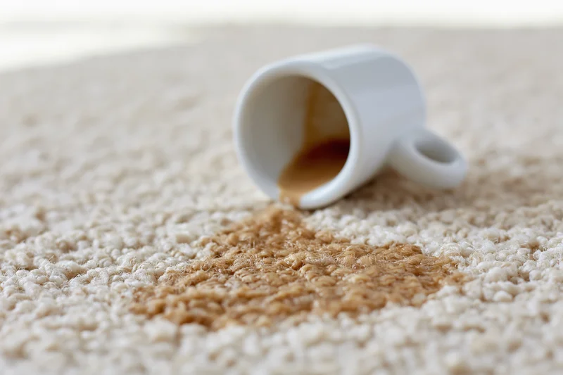 White ceramic espresso cup lying on its side on a beige carpet with coffee spilled and staining the fibers