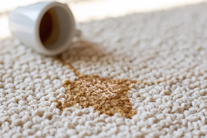 Spilled coffee from a white ceramic cup on a beige carpet