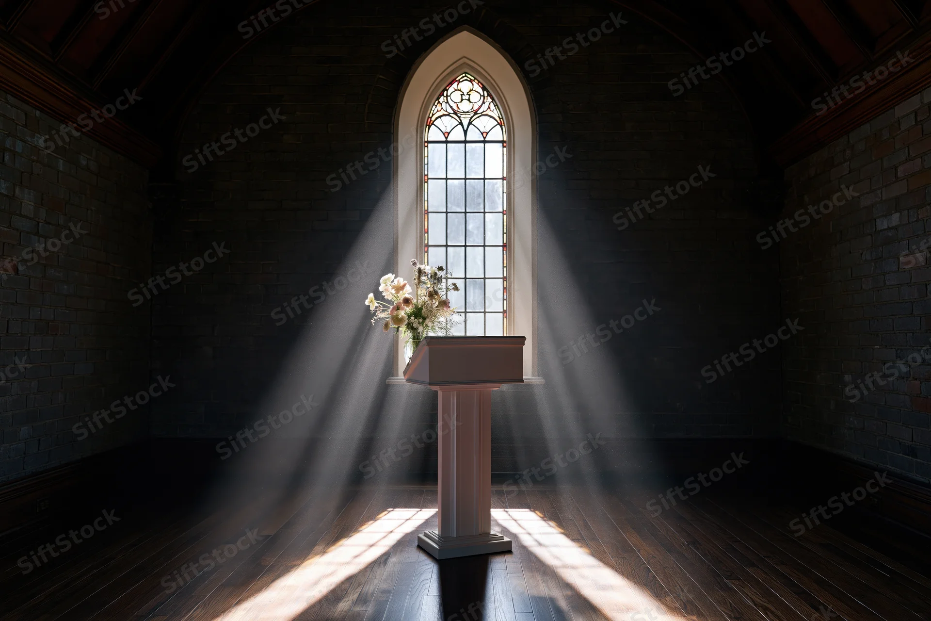White pulpit with flower vase illuminated by sunlight streaming through gothic window in church interior