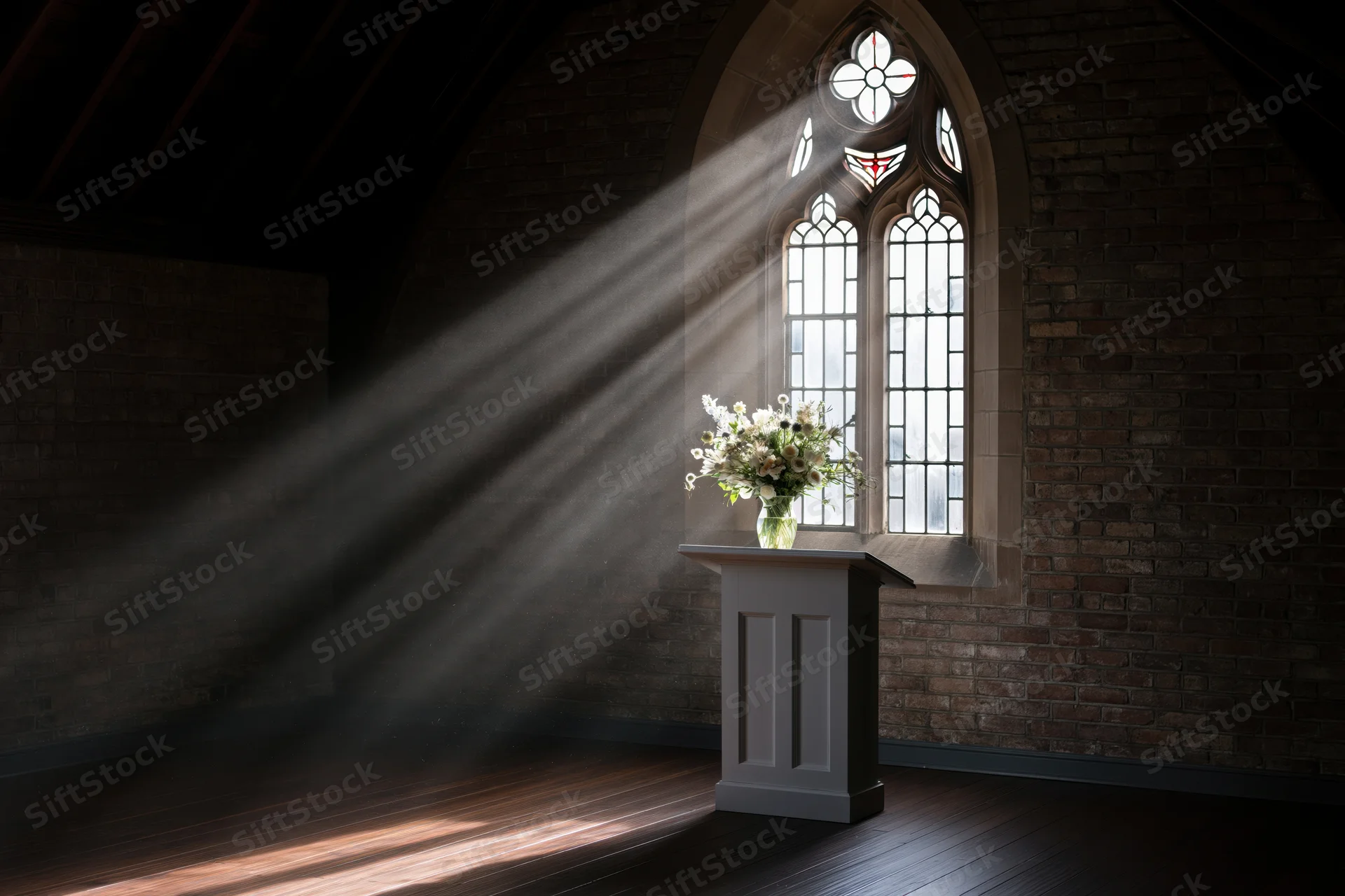 Sunlight streaming through a gothic window onto a white pulpit with flowers in a church interior