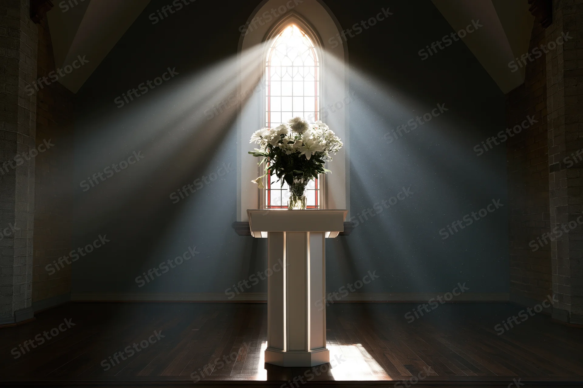 White pulpit with flower vase under sunbeam in church interior