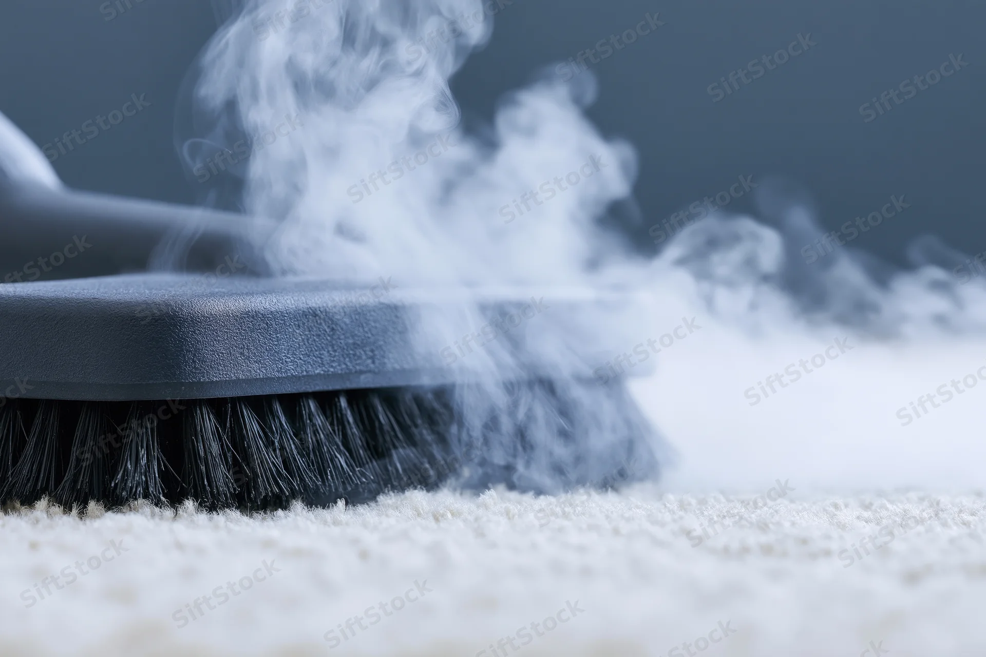 Steam cleaner brush attachment pressed against light carpet