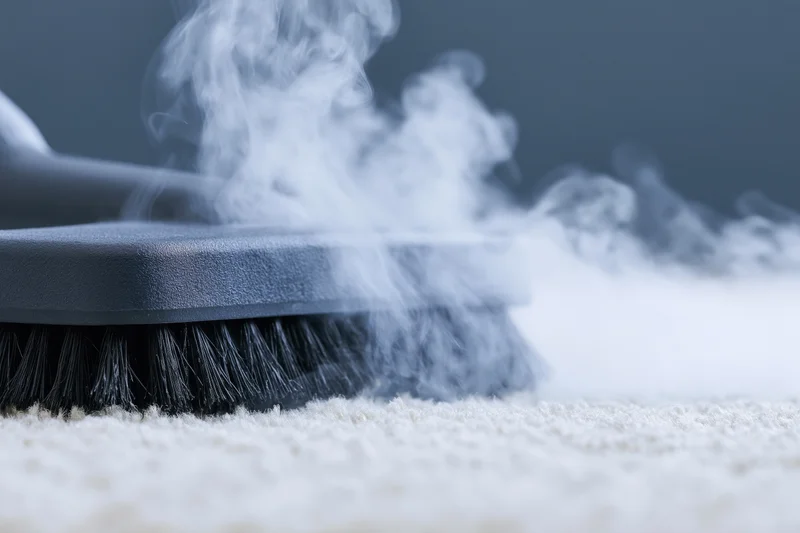 Steam cleaner brush attachment pressed against light carpet