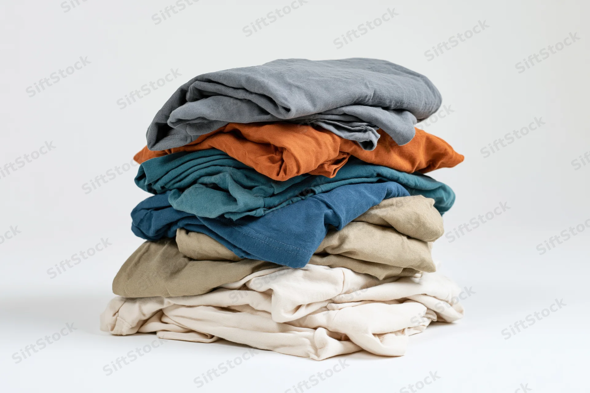 Stack of folded casual t-shirts in neutral colors on white background