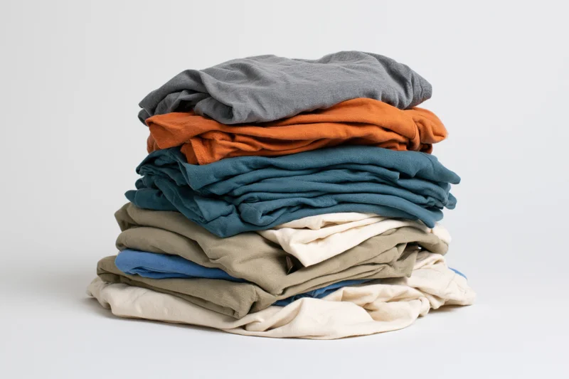 Tall messy pile of folded casual t-shirts stacked on white surface