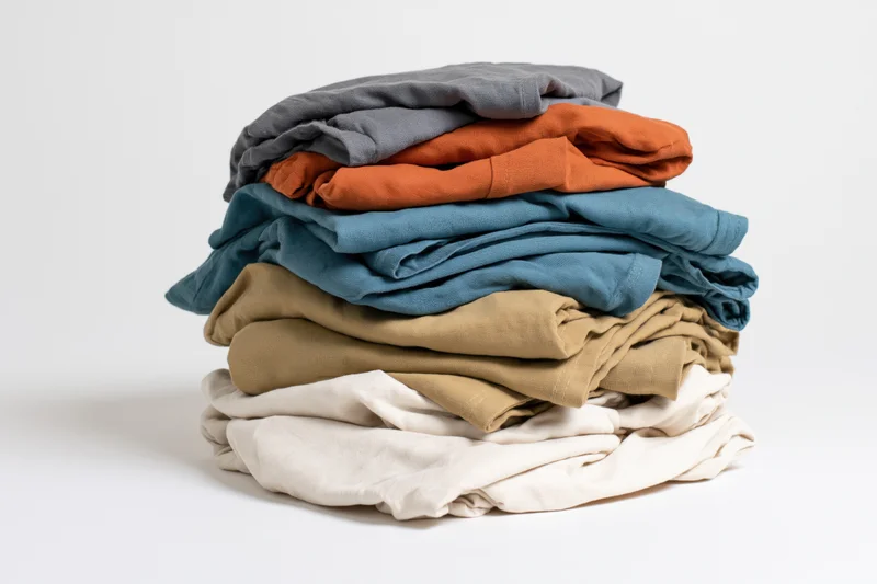 Stack of folded casual tshirts in neutral and earthtone colors on white background