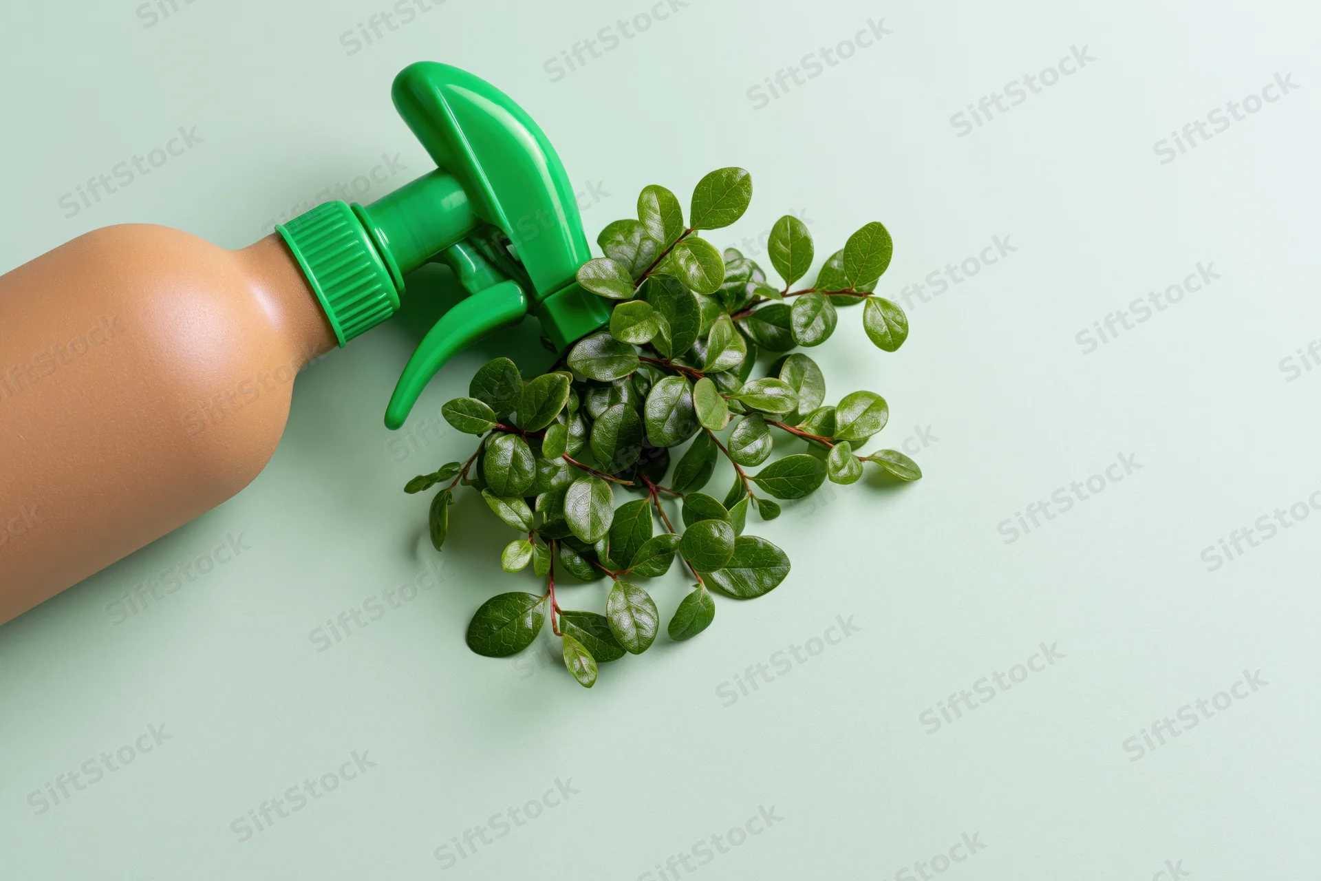 Tan plastic spray bottle with green trigger nozzle beside fresh green leaves on light green surface