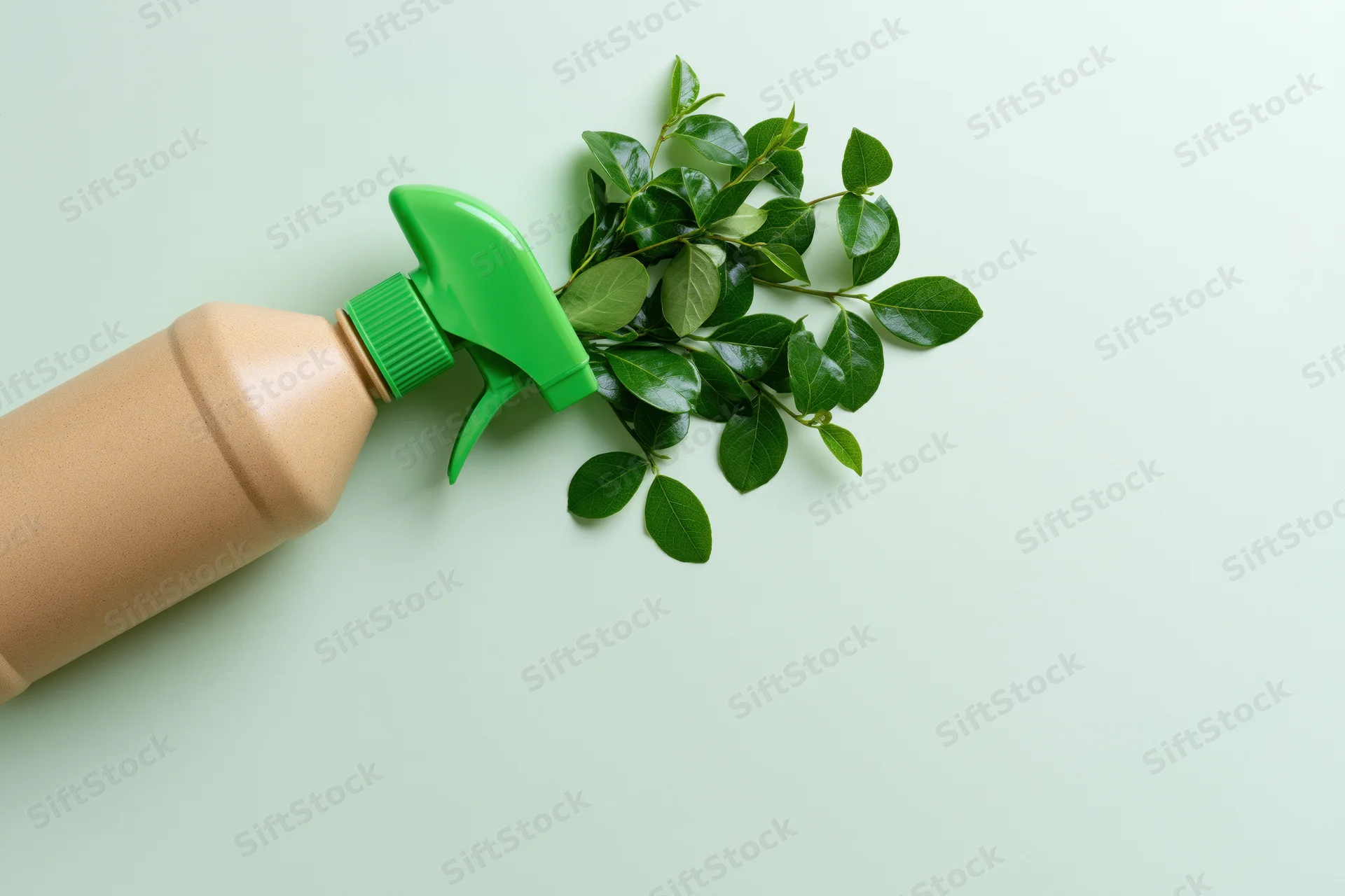 Tan plastic spray bottle with green trigger and fresh green leaves on light green surface