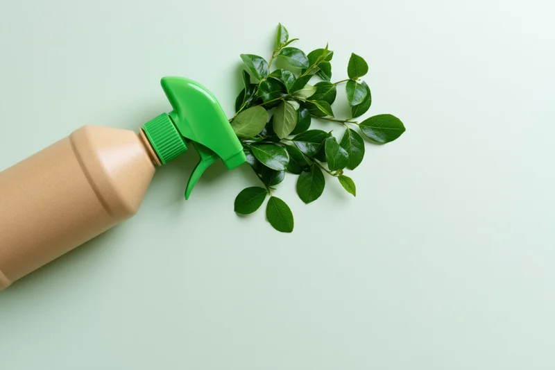 Tan plastic spray bottle with green trigger and fresh green leaves on light green surface