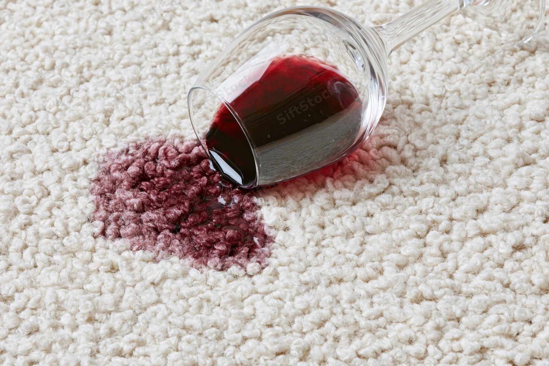 Tipped wine glass spilling red liquid onto cream textured carpet