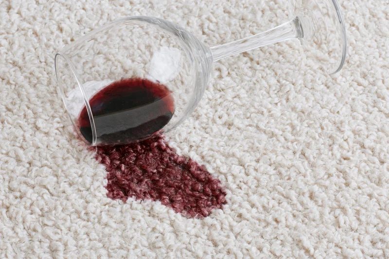 Tipped-over wine glass spilling red liquid onto cream carpet