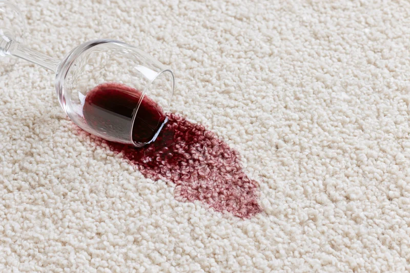 Tipped wine glass spilling red liquid onto cream carpet