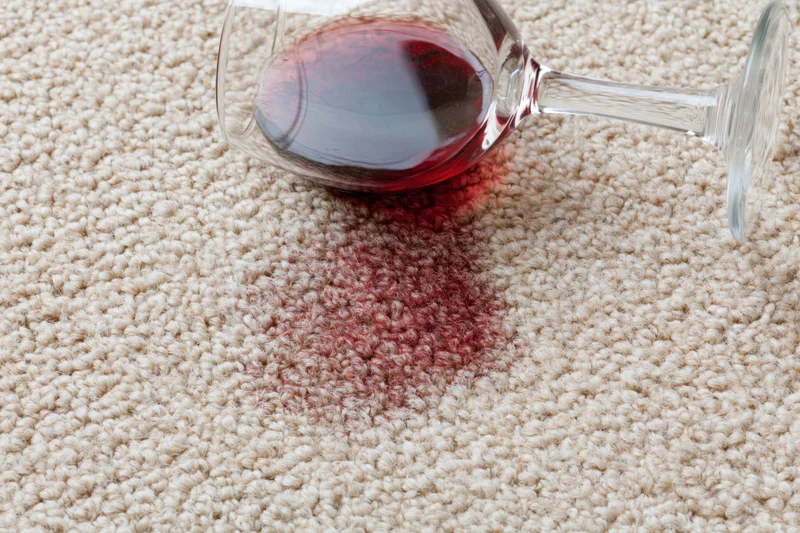 Tipped wine glass spilling red liquid onto beige carpet