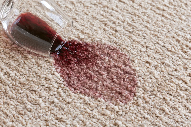 Tipped wine glass spilling red liquid onto beige carpet