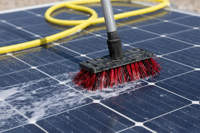 Red and black bristle brush scrubbing soapy surface of solar panel with yellow hose nearby