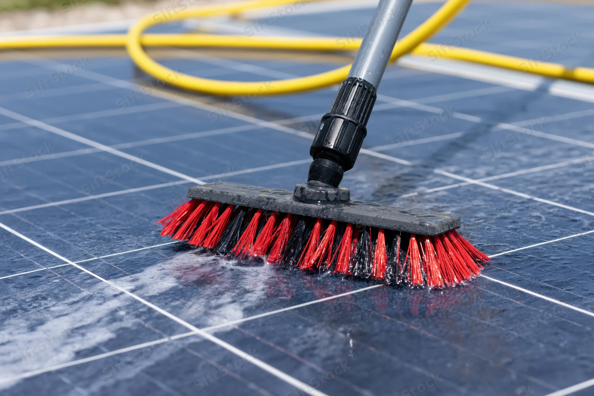 Brush scrubbing solar panel surface with water and soap outdoors