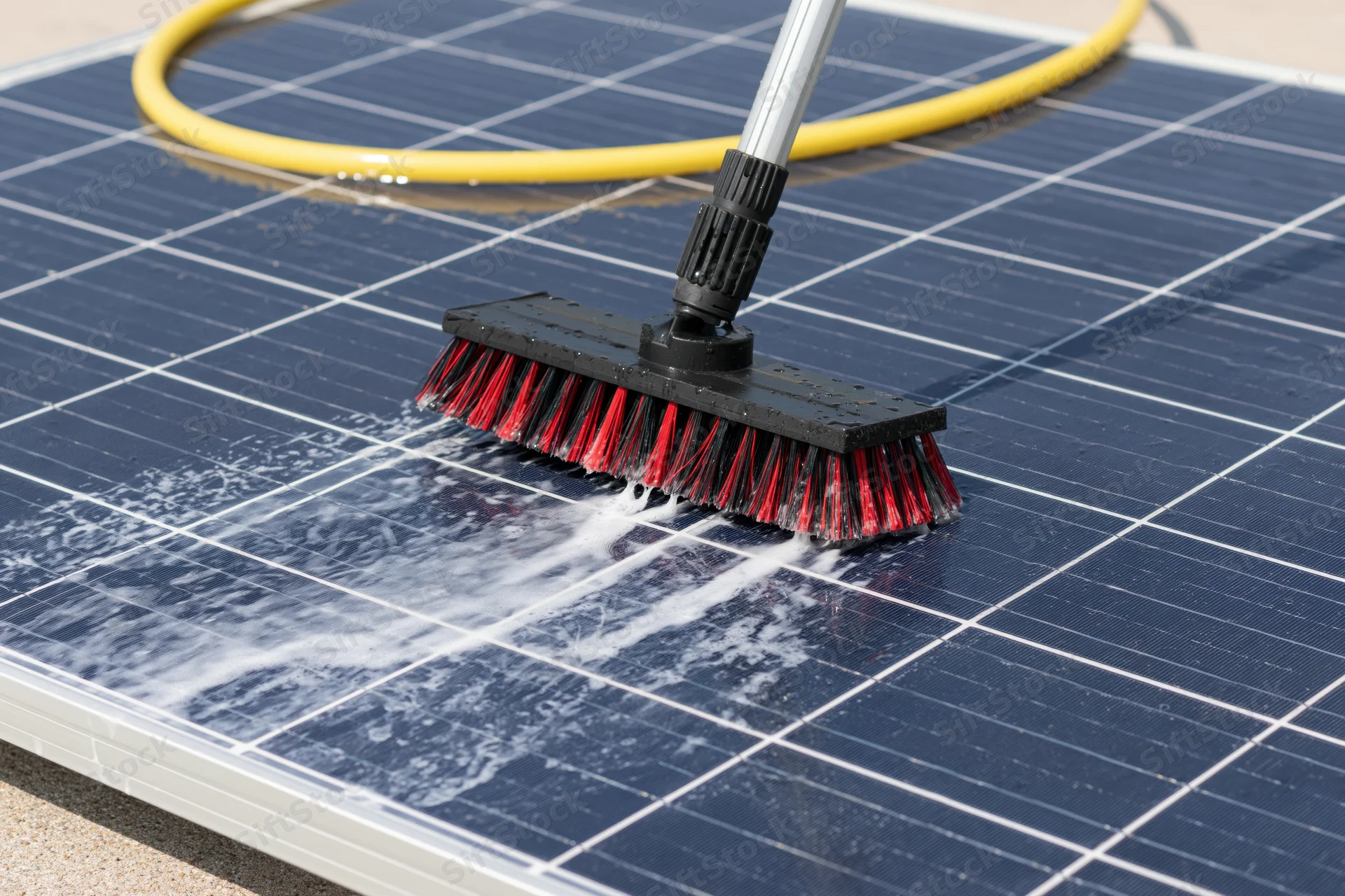 Brush scrubbing a solar panel with foam and water during daytime maintenance