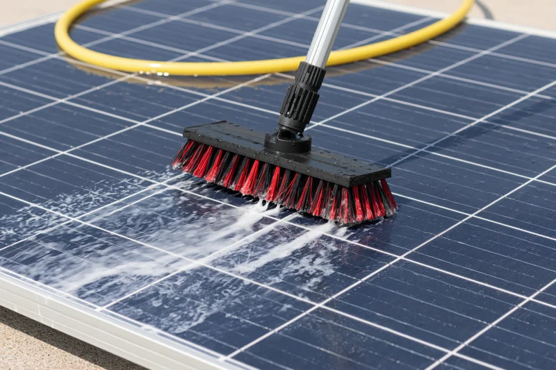Brush scrubbing a solar panel with foam and water during daytime maintenance