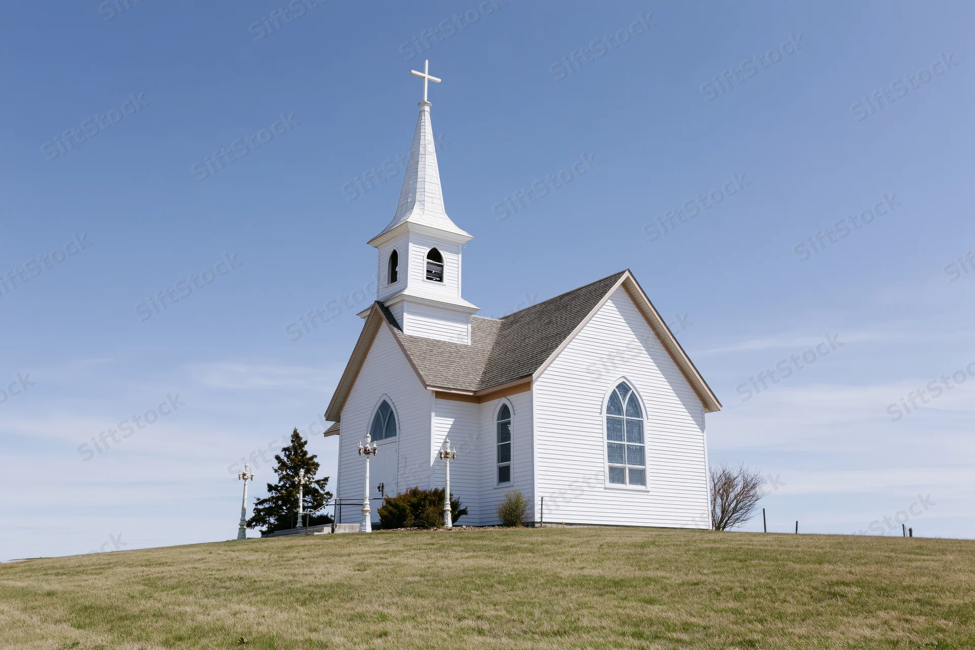 White clapboard church with steeple and cross on a grassy hill under blue sky