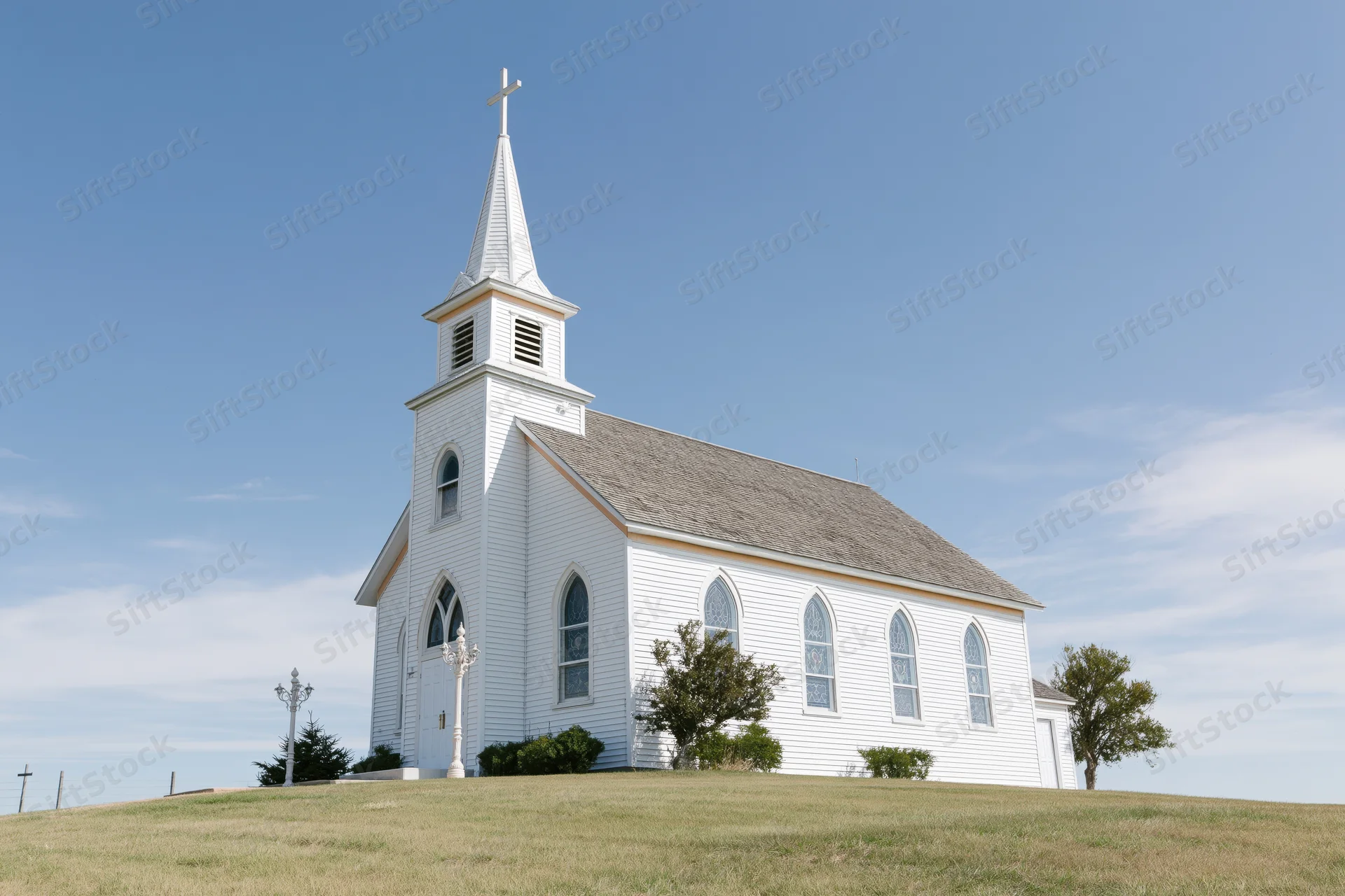 White clapboard country church with tall steeple and cross on grassy hill under blue sky