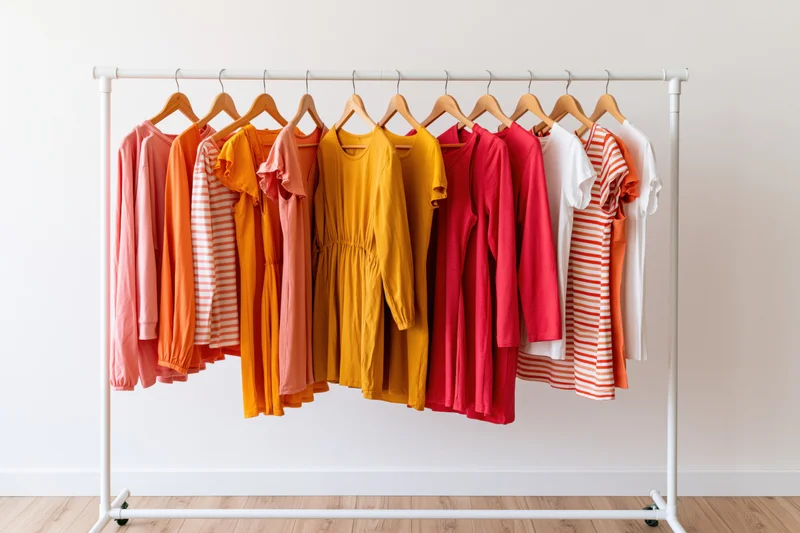 Women's casual dresses hanging on a white metal rack in a minimalist interior