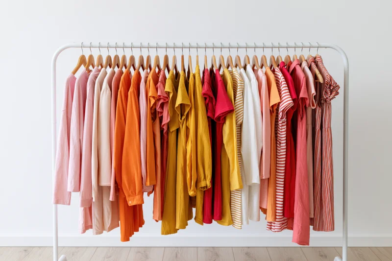 Women's casual clothing displayed on a white metal rack in a minimalist room