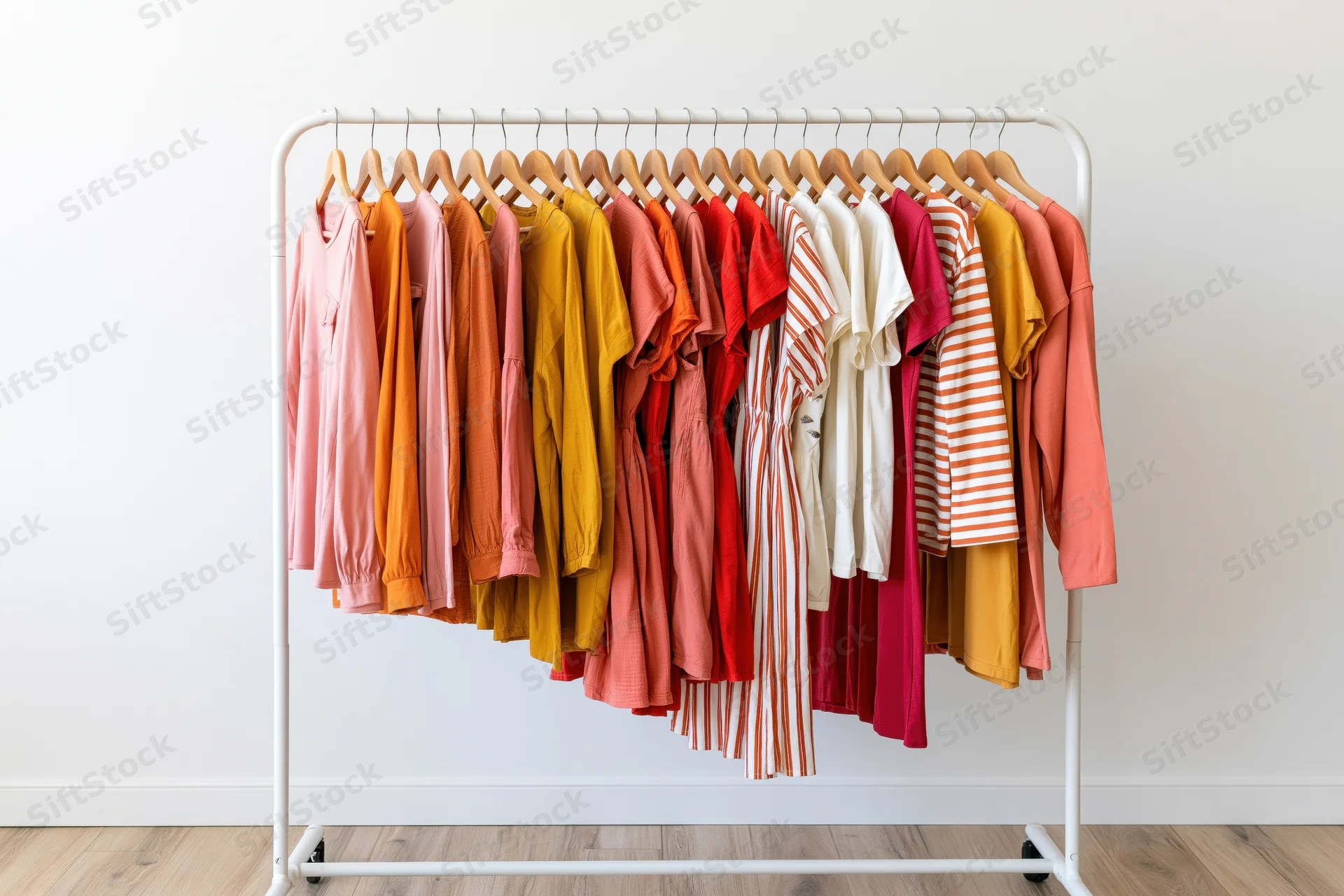 Women's casual clothing arranged on a white metal rack in a minimalist room with wood flooring