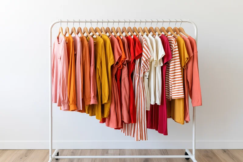 Women's casual clothing arranged on a white metal rack in a minimalist room with wood flooring