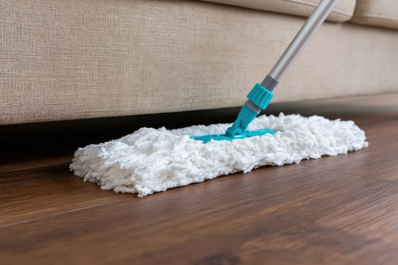 White microfiber mop cleaning hardwood floor near beige sofa