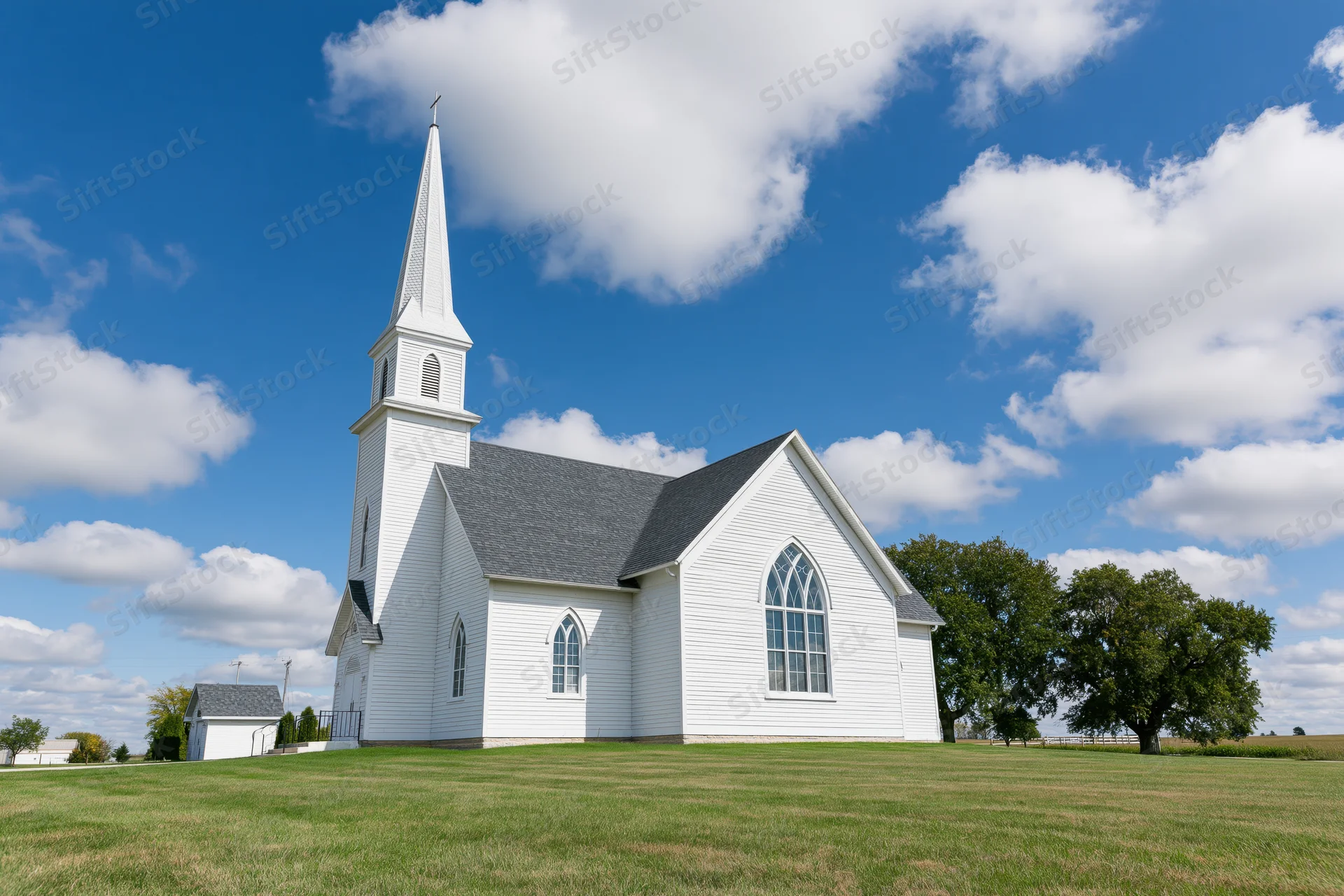 White wooden country church with tall steeple and cross on grassy field under blue sky with clouds