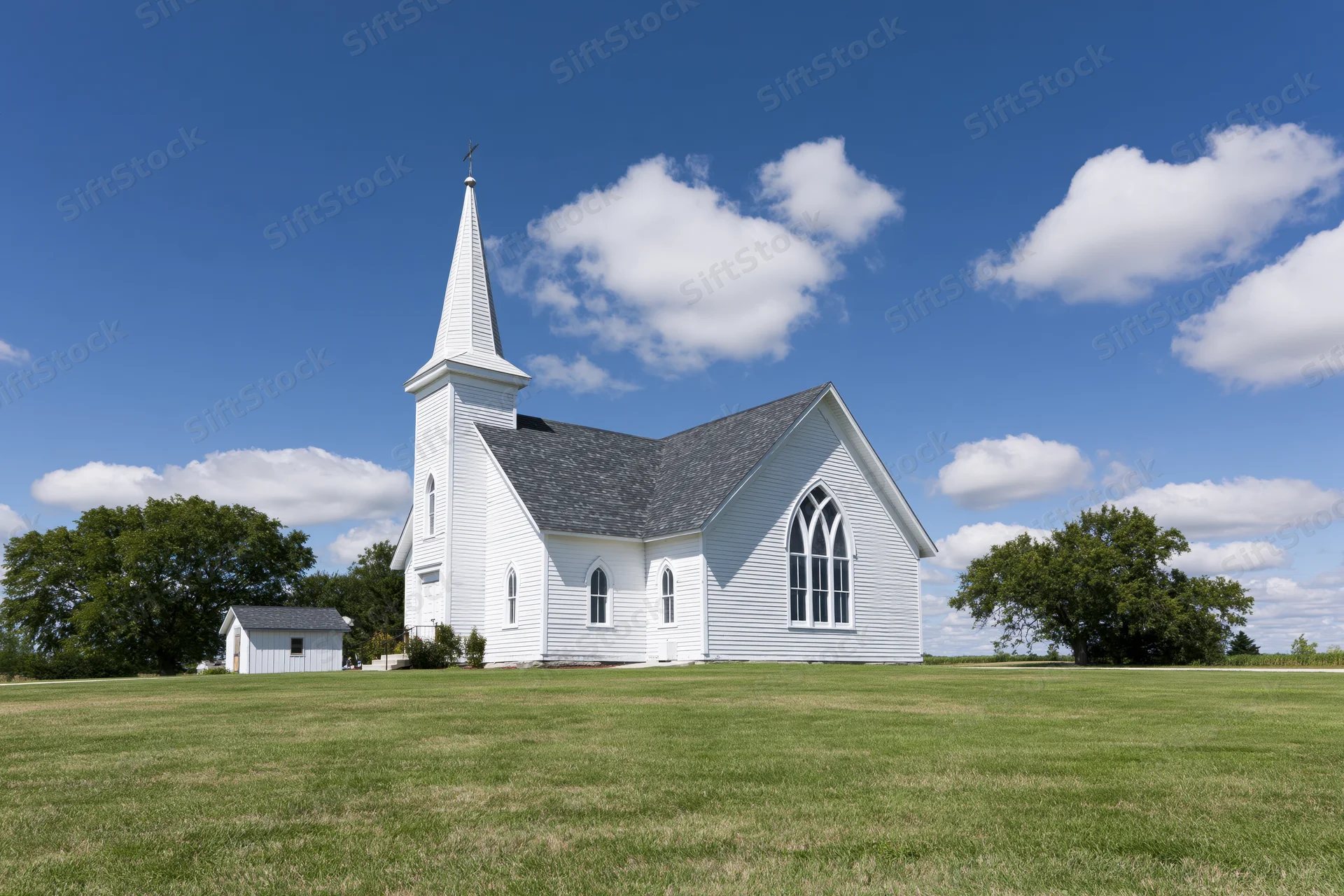 White wooden country church with tall steeple and cross on grassy field under blue sky with clouds