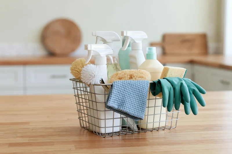 Wire basket filled with cleaning supplies on wooden kitchen countertop